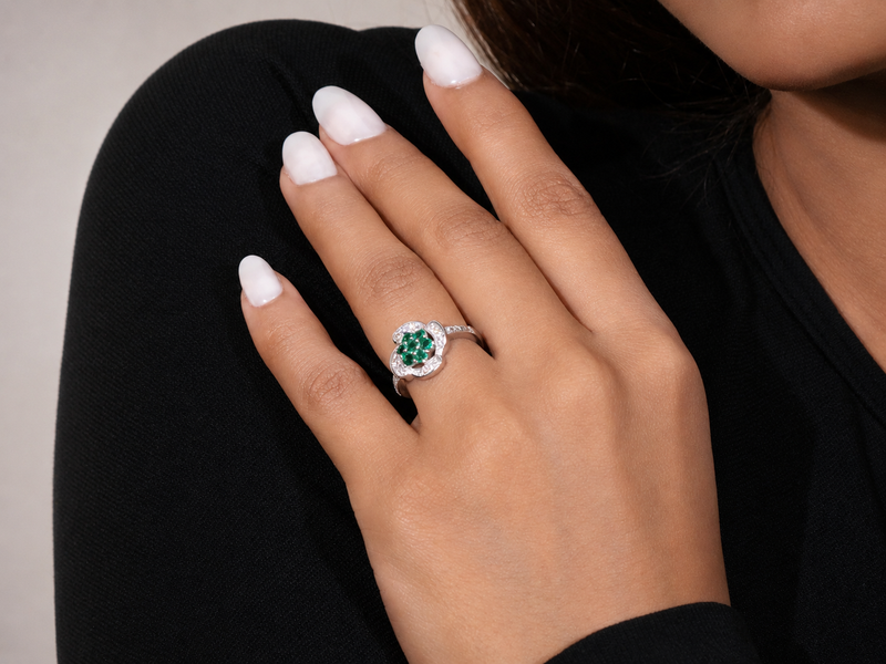 Silver Emerald Cluster Flower Ring