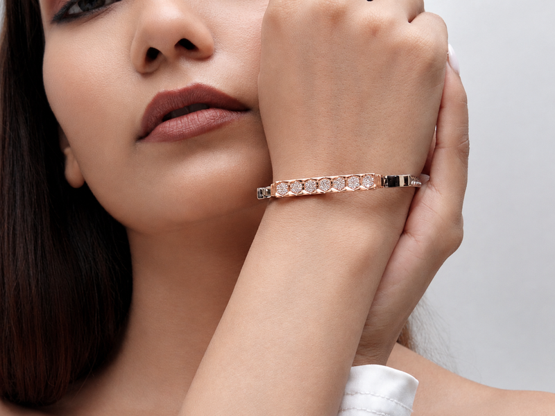 Silver Bracelet with Rose Gold Tone Hexagon Pavé Bar