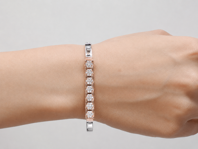 Silver Bracelet with Rose Gold Tone Hexagon Pavé Bar