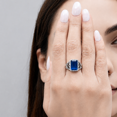 Silver Blue Emerald-Cut Halo Filigree Ring