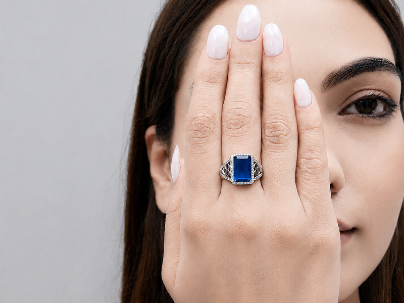 Silver Blue Emerald-Cut Halo Filigree Ring