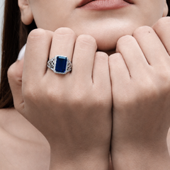 Silver Blue Emerald-Cut Halo Filigree Ring