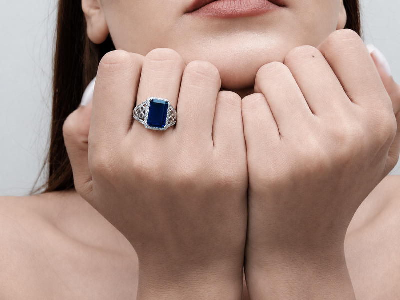 Silver Blue Emerald-Cut Halo Filigree Ring
