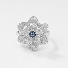 Silver Pave Rose Cocktail Ring with Blue Centre