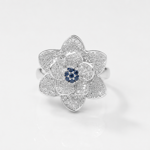 Silver Pave Rose Cocktail Ring with Blue Centre