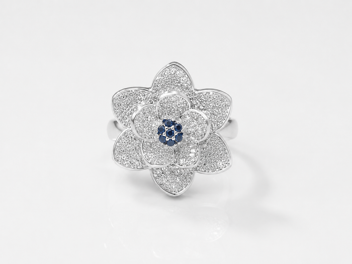 Silver Pave Rose Cocktail Ring with Blue Centre