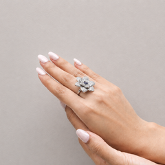 Silver Pave Rose Cocktail Ring with Blue Centre