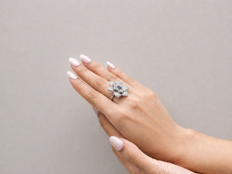 Silver Pave Rose Cocktail Ring with Blue Centre