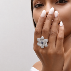 Silver Pave Rose Cocktail Ring with Blue Centre