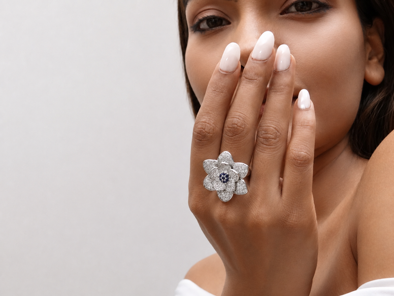 Silver Pave Rose Cocktail Ring with Blue Centre