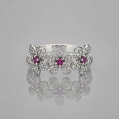 Silver Triple Ruby Centre Flower Pave Ring