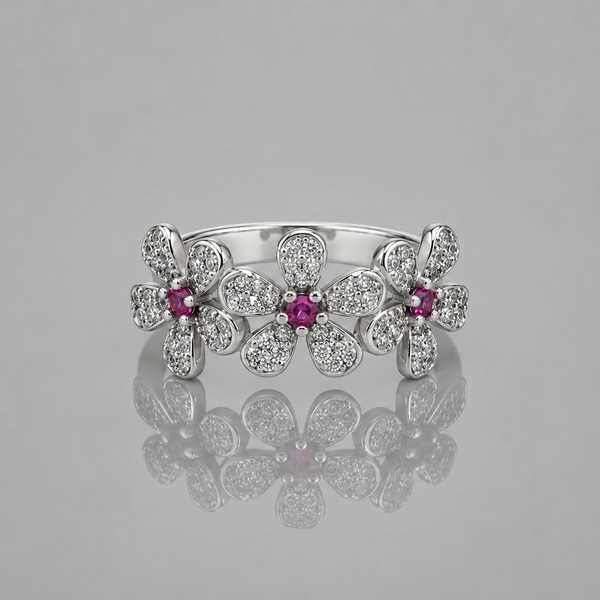 Silver Triple Ruby Centre Flower Pave Ring