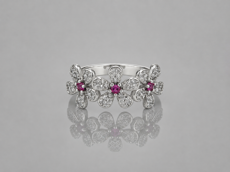 Silver Triple Ruby Centre Flower Pave Ring
