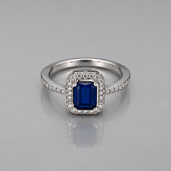 Silver Blue Emerald-Cut Milgrain Halo Ring
