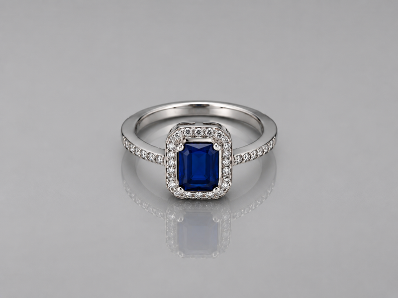 Silver Blue Emerald-Cut Milgrain Halo Ring