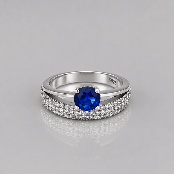 Silver Blue Round Solitaire Wide Pave Ring