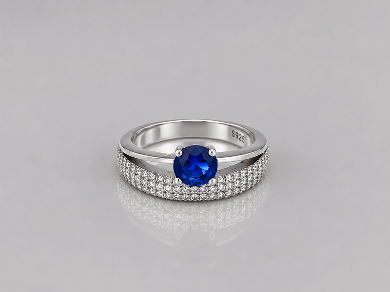 Silver Blue Round Solitaire Wide Pave Ring