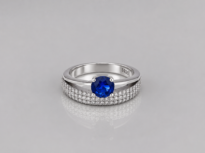 Silver Blue Round Solitaire Wide Pave Ring