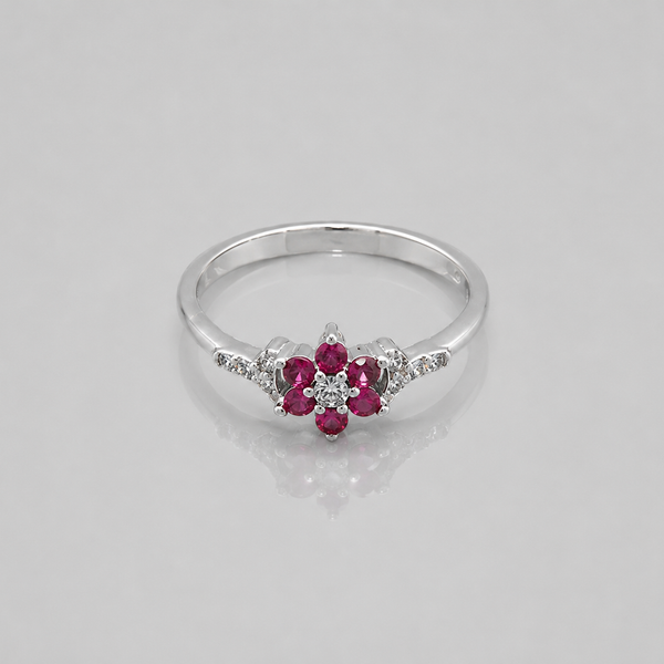 Silver Ruby & CZ Flower Cluster Ring