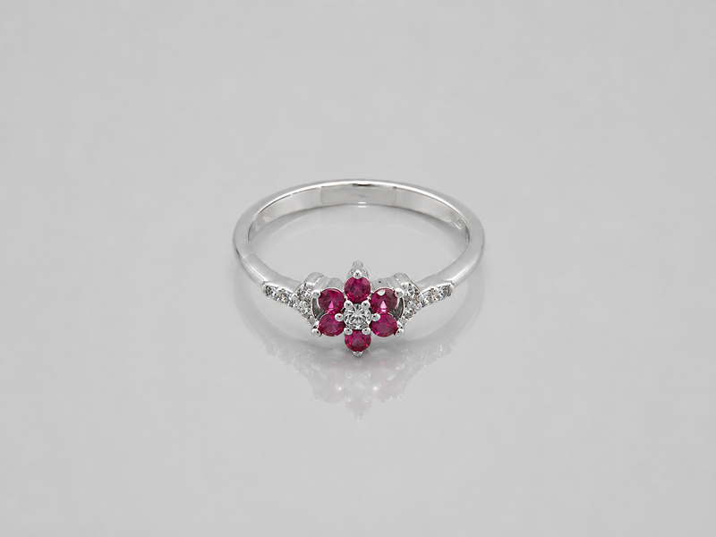 Silver Ruby & CZ Flower Cluster Ring