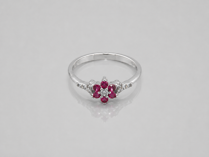 Silver Ruby & CZ Flower Cluster Ring