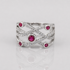 Silver Ruby Bezel Criss-Cross Pave Ring