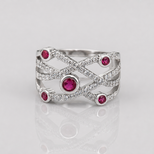 Silver Ruby Bezel Criss-Cross Pave Ring
