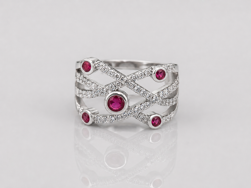 Silver Ruby Bezel Criss-Cross Pave Ring