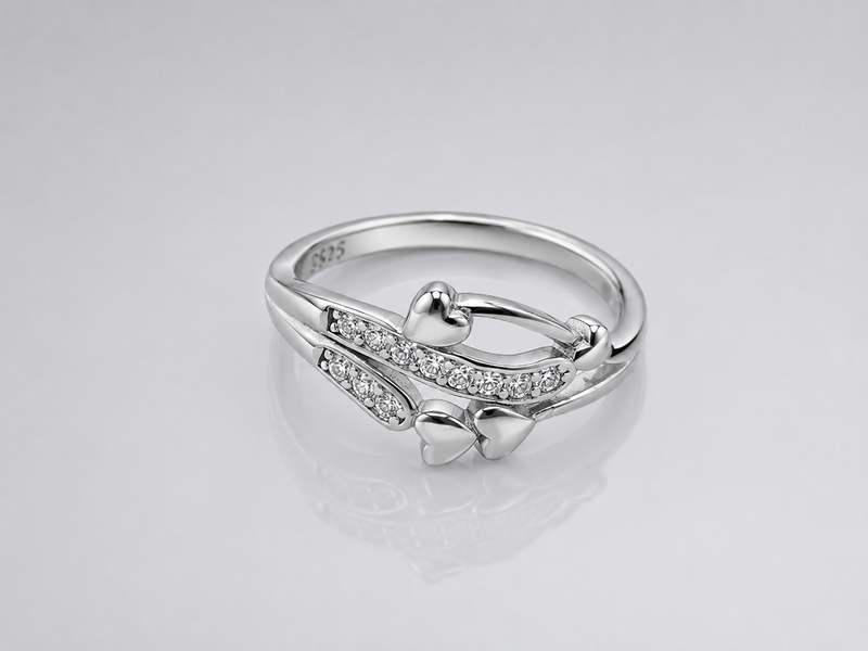 Silver Pave Bow & Heart Ring