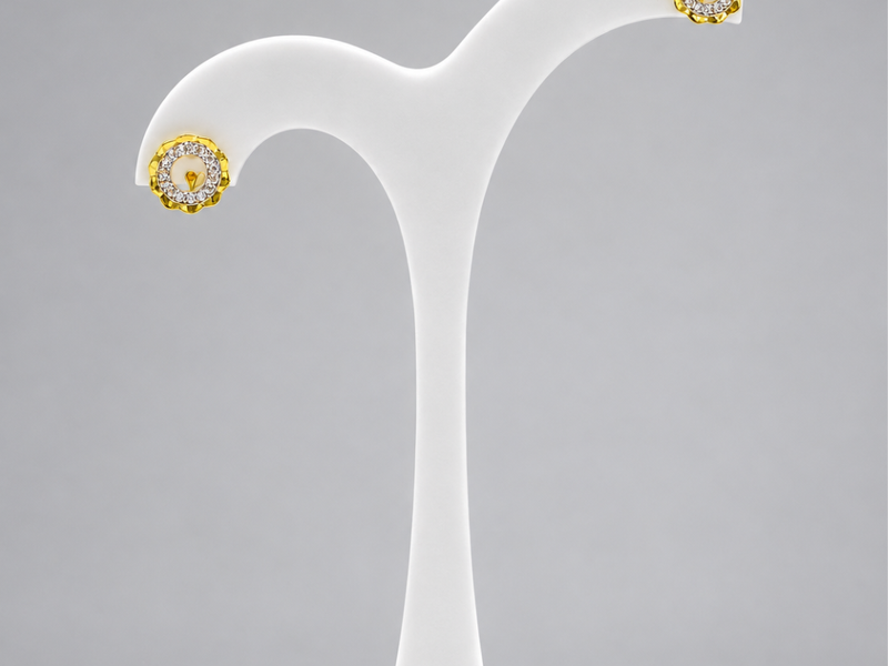 Two-Tone Golden Scalloped CZ Halo Studs