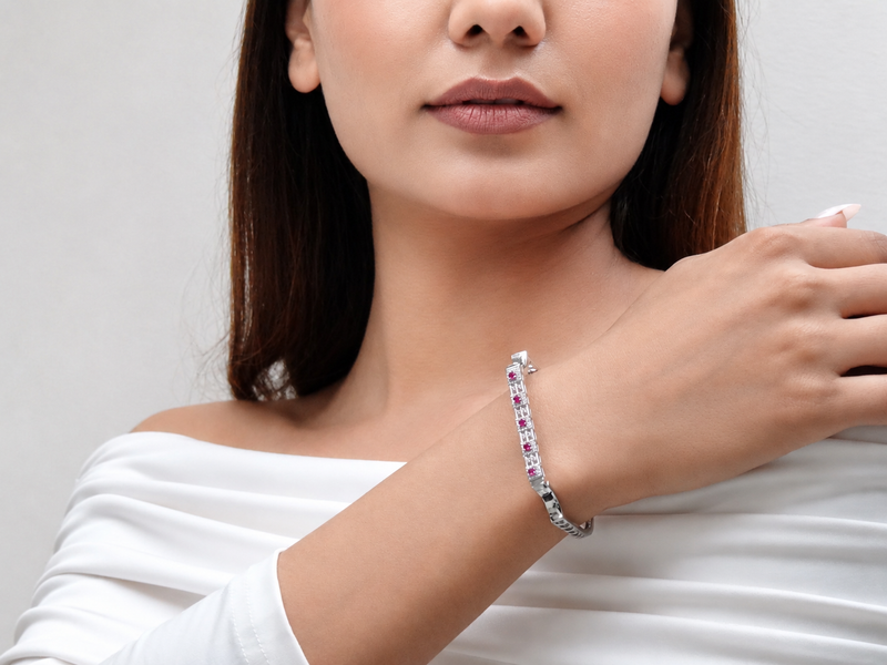 Silver Red Stone Bar Hinged Bracelet