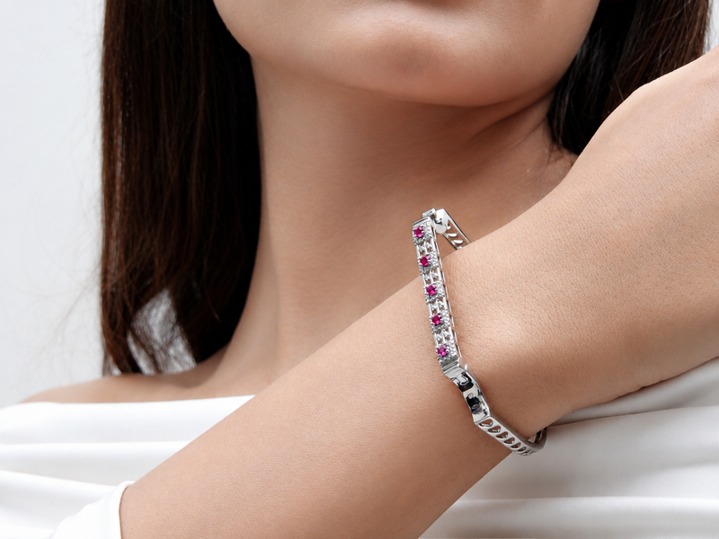 Silver Red Stone Bar Hinged Bracelet