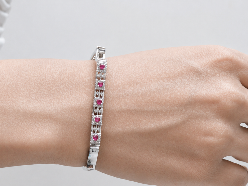 Silver Red Stone Bar Hinged Bracelet