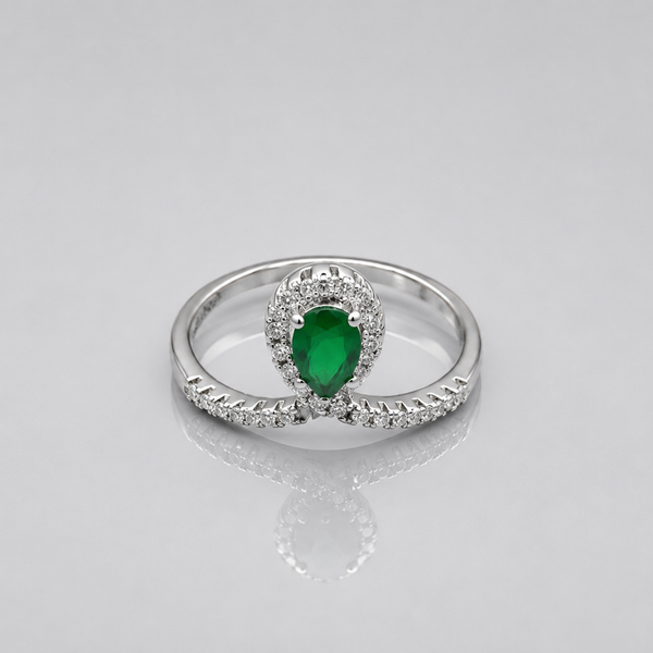 Silver Emerald Pear Halo Pave Ring