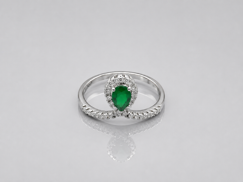 Silver Emerald Pear Halo Pave Ring
