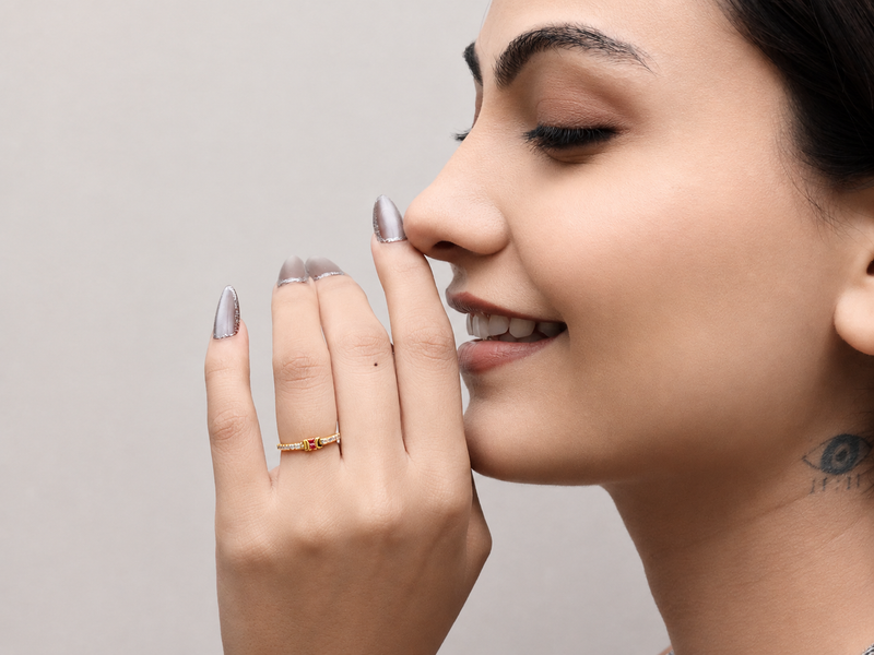 Golden Ruby & CZ Line Band Ring