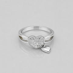 Silver Pave Heart with Dangling Heart Ring