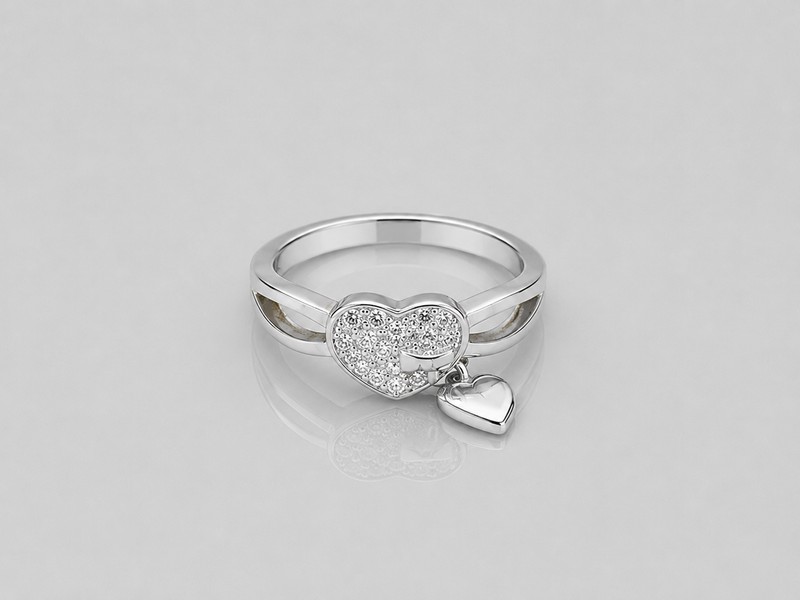 Silver Pave Heart with Dangling Heart Ring