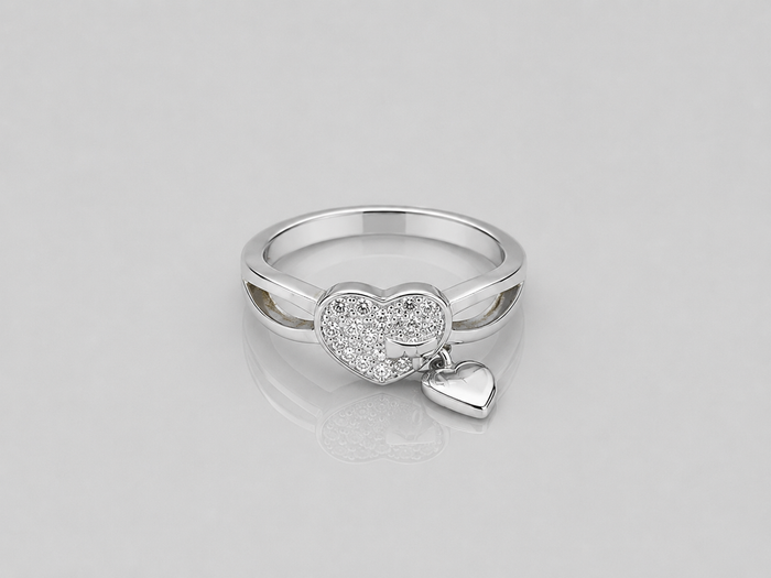 Silver Pave Heart with Dangling Heart Ring