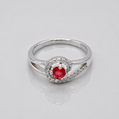 Silver Ruby Round Halo Swirl Ring