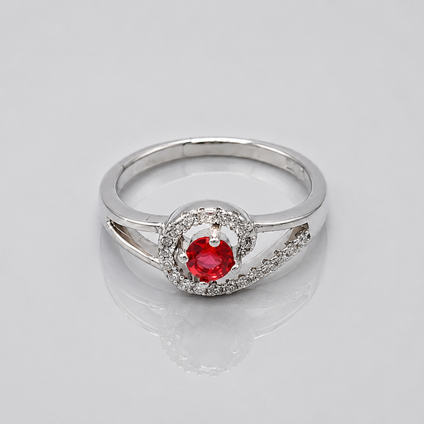 Silver Ruby Round Halo Swirl Ring