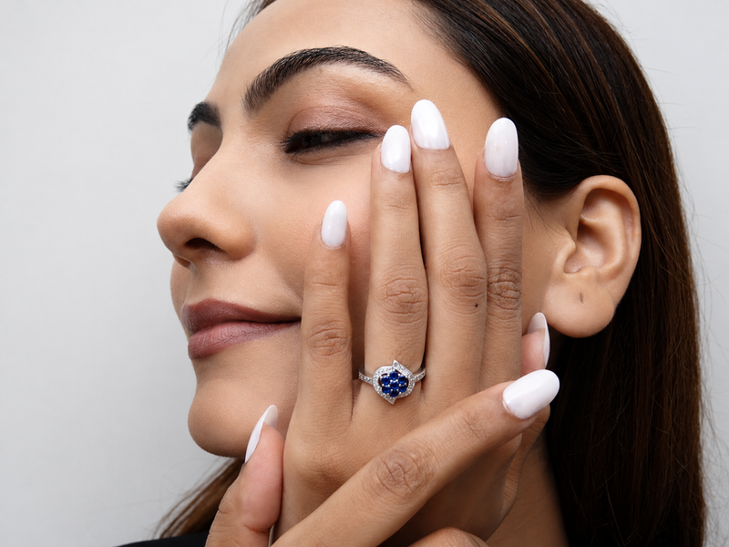 Silver Blue Cluster Flower Pave Frame Ring