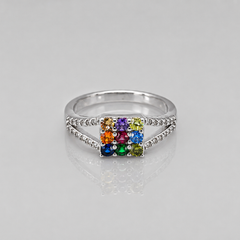 Silver Navratna Square Panel Split-Shank Ring