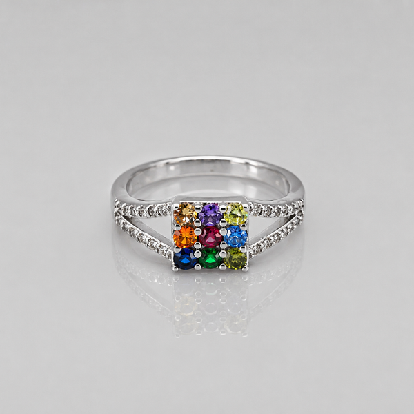 Silver Navratna Square Panel Split-Shank Ring