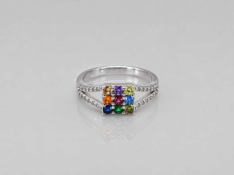 Silver Navratna Square Panel Split-Shank Ring