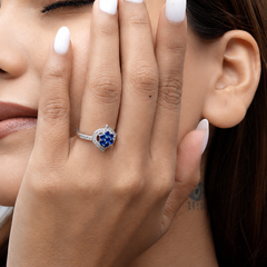 Silver Blue Cluster Flower Pave Frame Ring