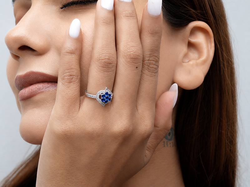 Silver Blue Cluster Flower Pave Frame Ring