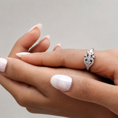 Silver Floral Cluster & Heart Pave Ring