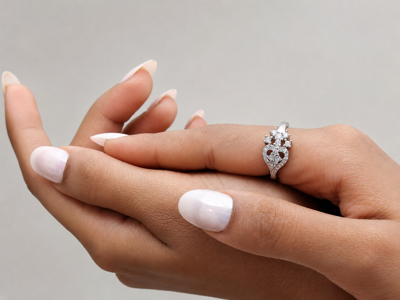 Silver Floral Cluster & Heart Pave Ring