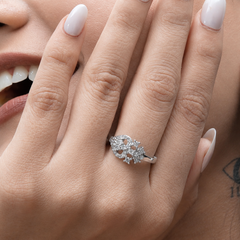 Silver Floral Cluster & Heart Pave Ring